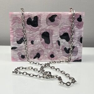 Womens Unique Pink Acrylic‎ Box Purse Clutch Shoulder Bag Cheetah Leopard Chain